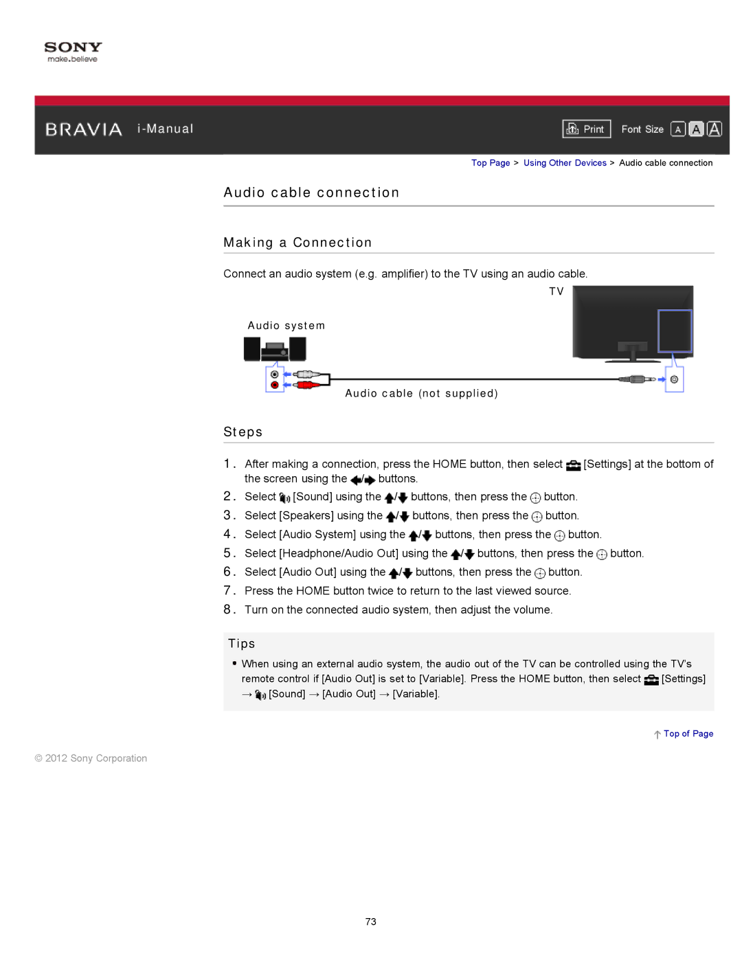 Sony KDL-55HX751/46HX751/40HX751/32HX751, KDL-55HX750 manual Audio cable connection, Audio system Audio cable not supplied 