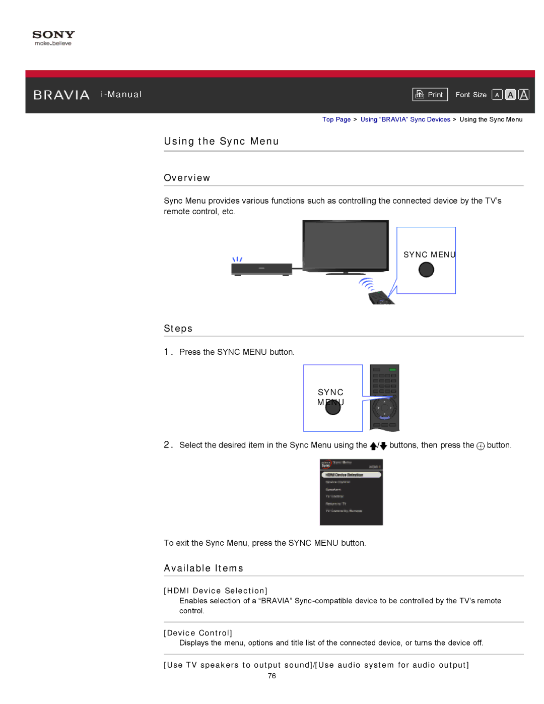 Sony KDL-55HX750 manual Using the Sync Menu, Available Items, Hdmi Device Selection, Device Control 