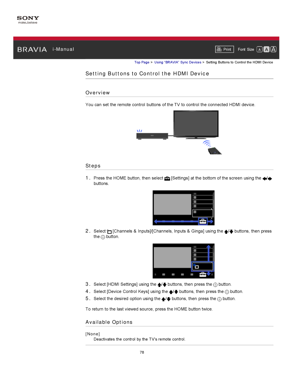 Sony KDL-55HX750, KDL-55HX751/46HX751/40HX751/32HX751 manual Setting Buttons to Control the Hdmi Device, None 