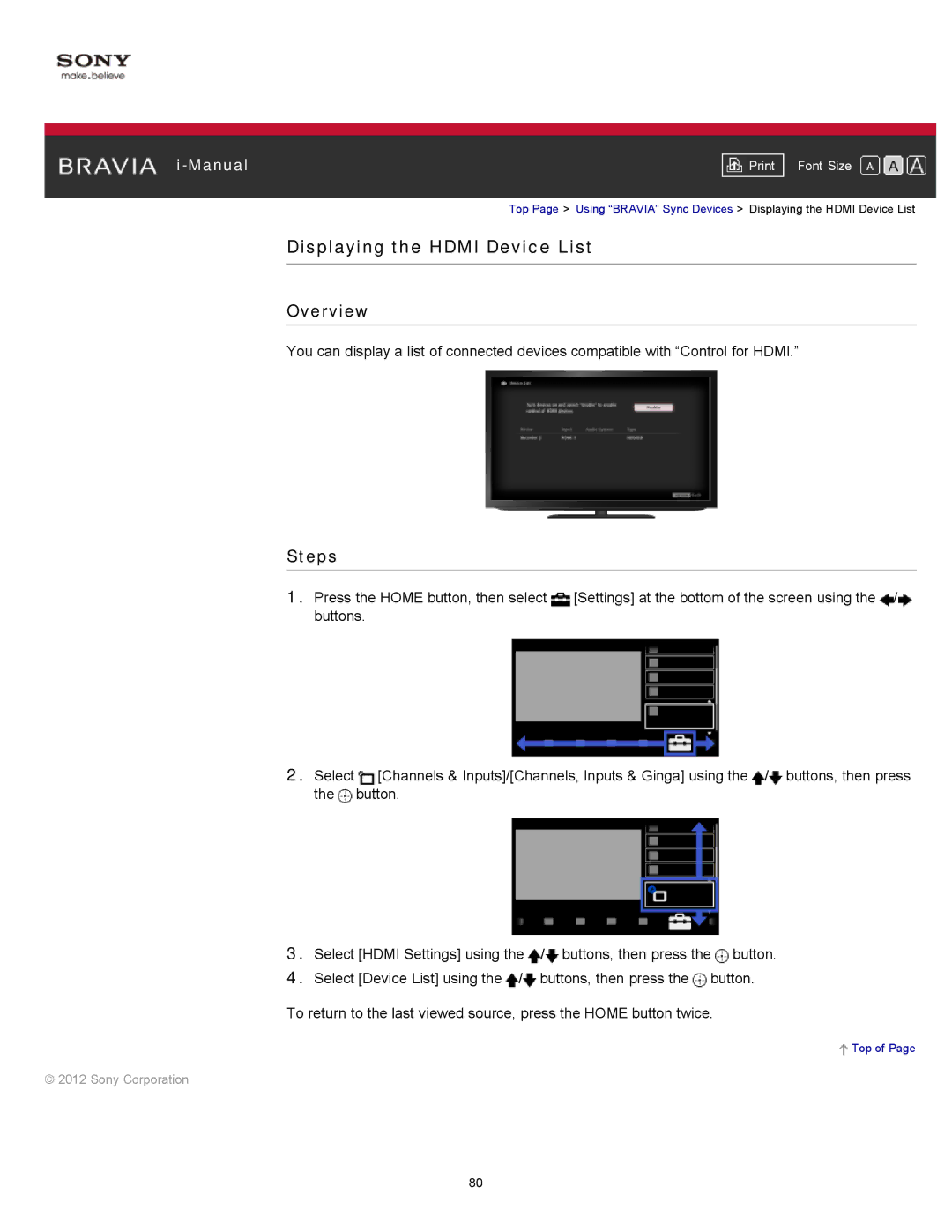 Sony KDL-55HX750, KDL-55HX751/46HX751/40HX751/32HX751 manual Displaying the Hdmi Device List 