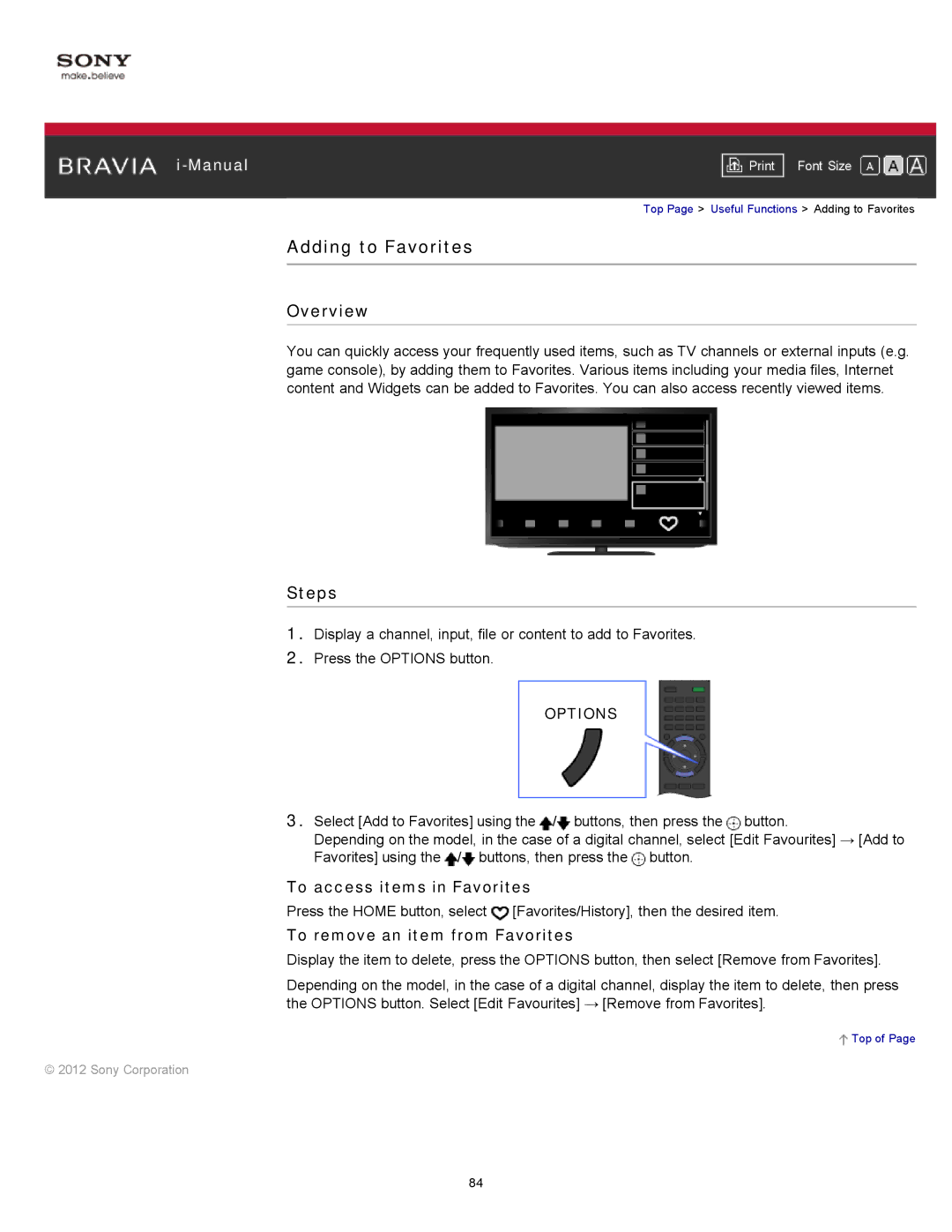 Sony KDL-55HX750 manual Adding to Favorites, To access items in Favorites, To remove an item from Favorites 