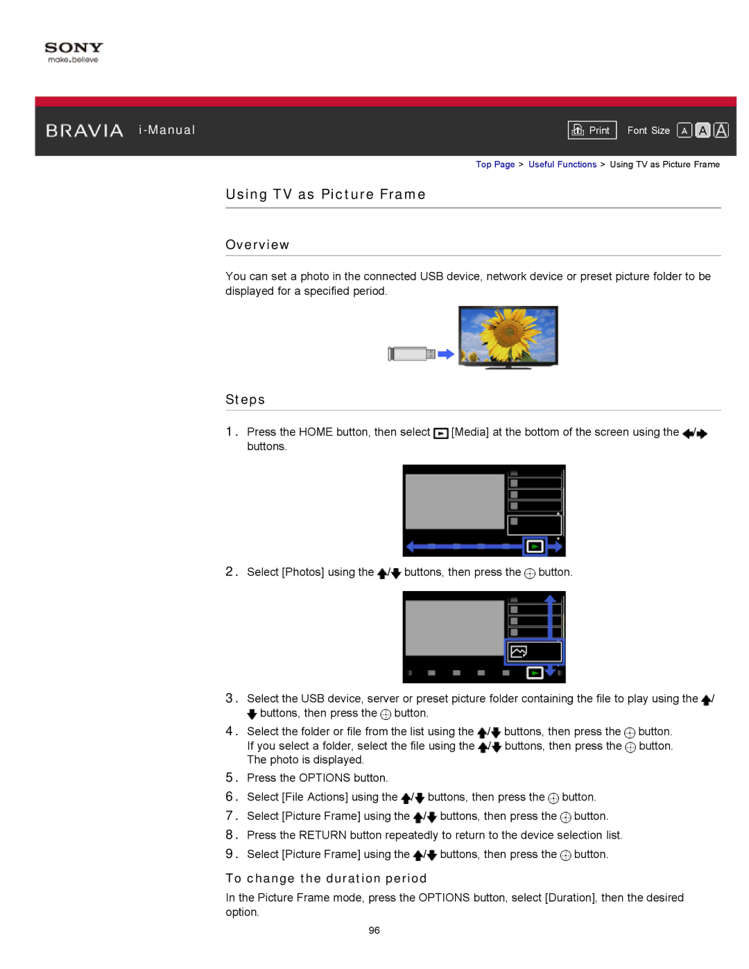 Sony KDL-55HX750, KDL-55HX751/46HX751/40HX751/32HX751 manual Using TV as Picture Frame, To change the duration period 