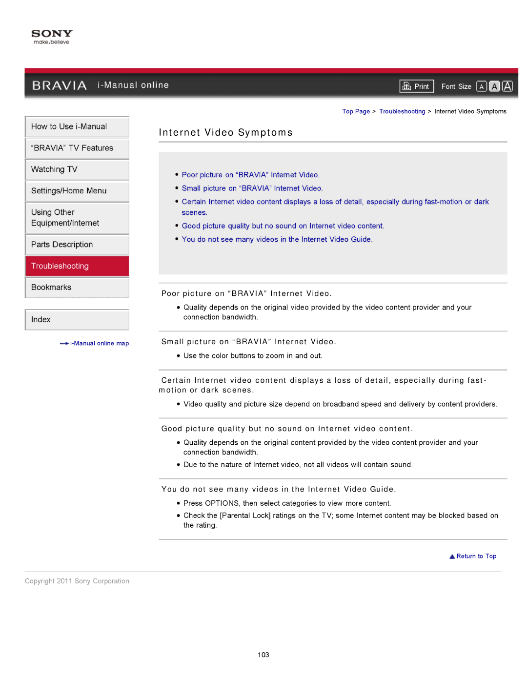 Sony 55EX720 manual Internet Video Symptoms, Poor picture on Bravia Internet Video, Small picture on Bravia Internet Video 
