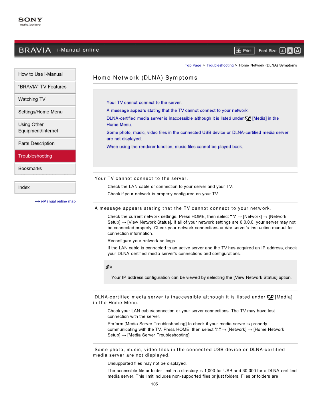 Sony KDL-60EX720, 40EX720, 32EX720, 55EX720, 46EX720 manual Home Network Dlna Symptoms, Your TV cannot connect to the server 