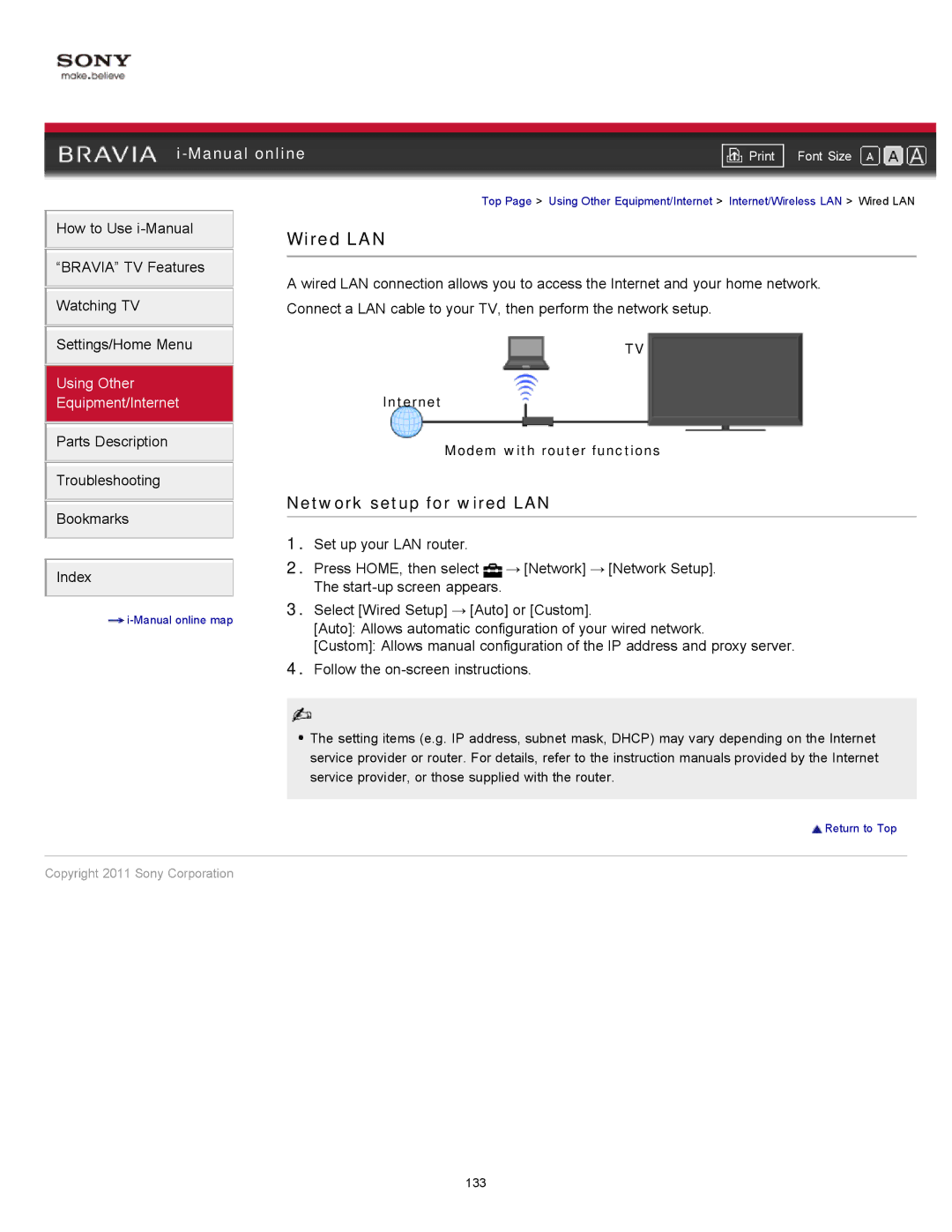 Sony 55EX720, KDL-60EX720, 40EX720, 32EX720 Wired LAN, Network setup for wired LAN, Internet Modem with router functions 