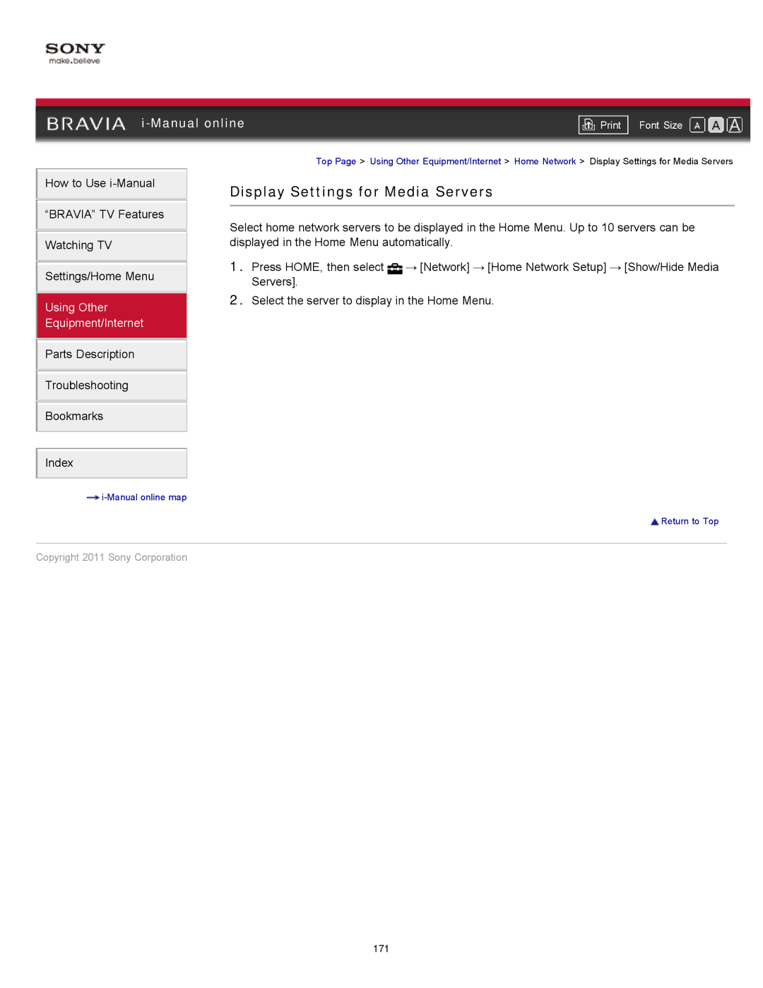 Sony 40EX720, KDL-60EX720, 32EX720, 55EX720, 46EX720 manual Display Settings for Media Servers 