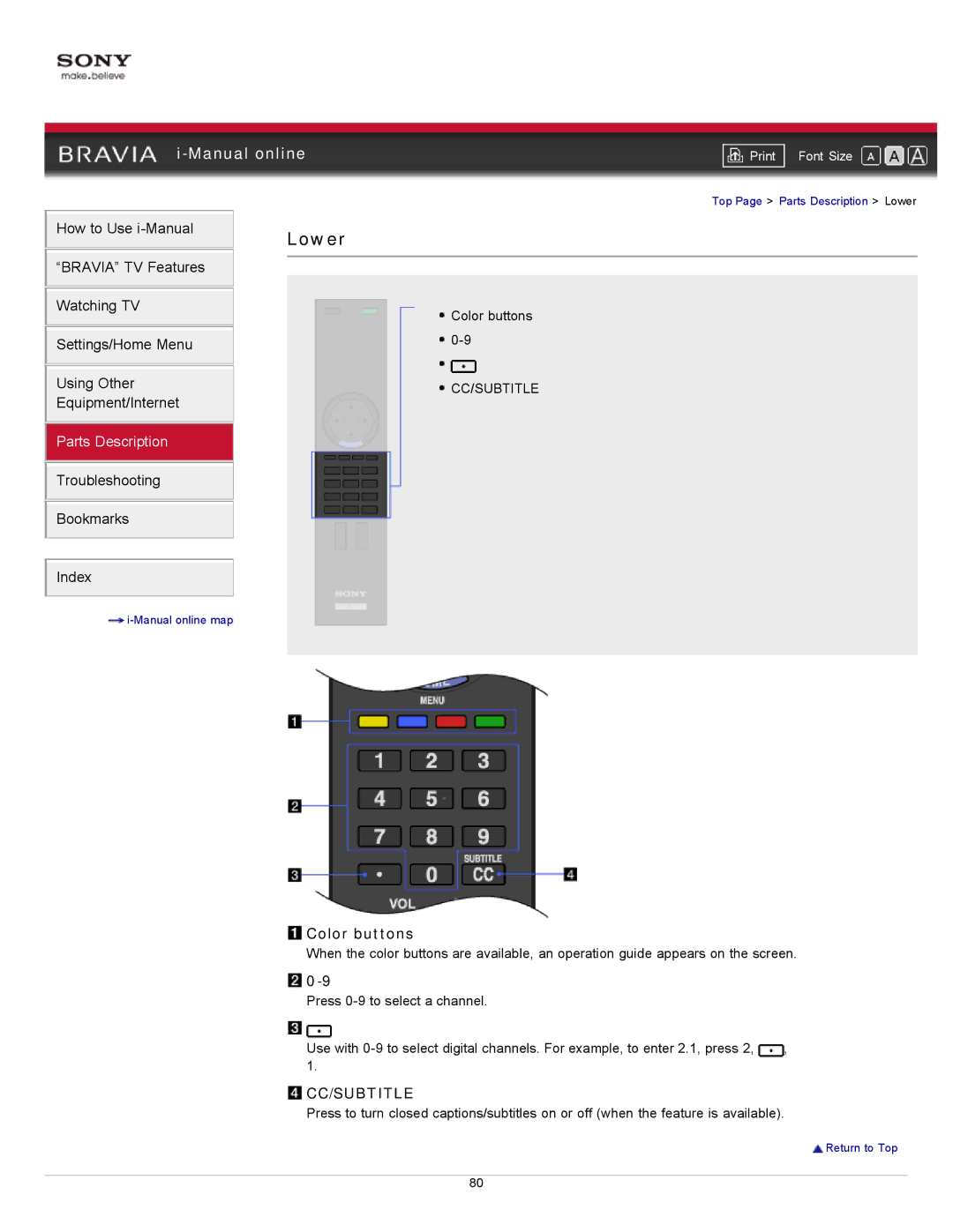 Sony KDL-60EX720, 40EX720, 32EX720, 55EX720, 46EX720 manual Lower, Color buttons, Cc/Subtitle 