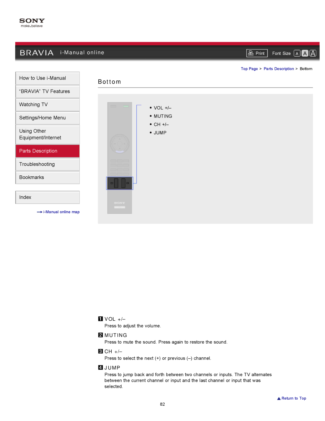 Sony 32EX720, KDL-60EX720, 40EX720, 55EX720, 46EX720 manual Bottom, Vol +, Muting, Ch +, Jump 