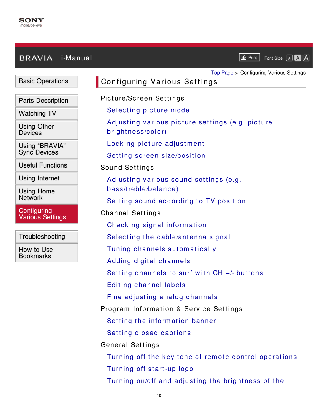 Sony KDL-65S990A manual Configuring Various Settings, Picture/Screen Settings Selecting picture mode, Sound Settings 