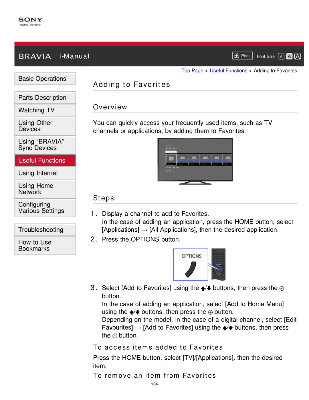 Sony KDL-65S990A manual Adding to Favorites, To access items added to Favorites, To remove an item from Favorites 