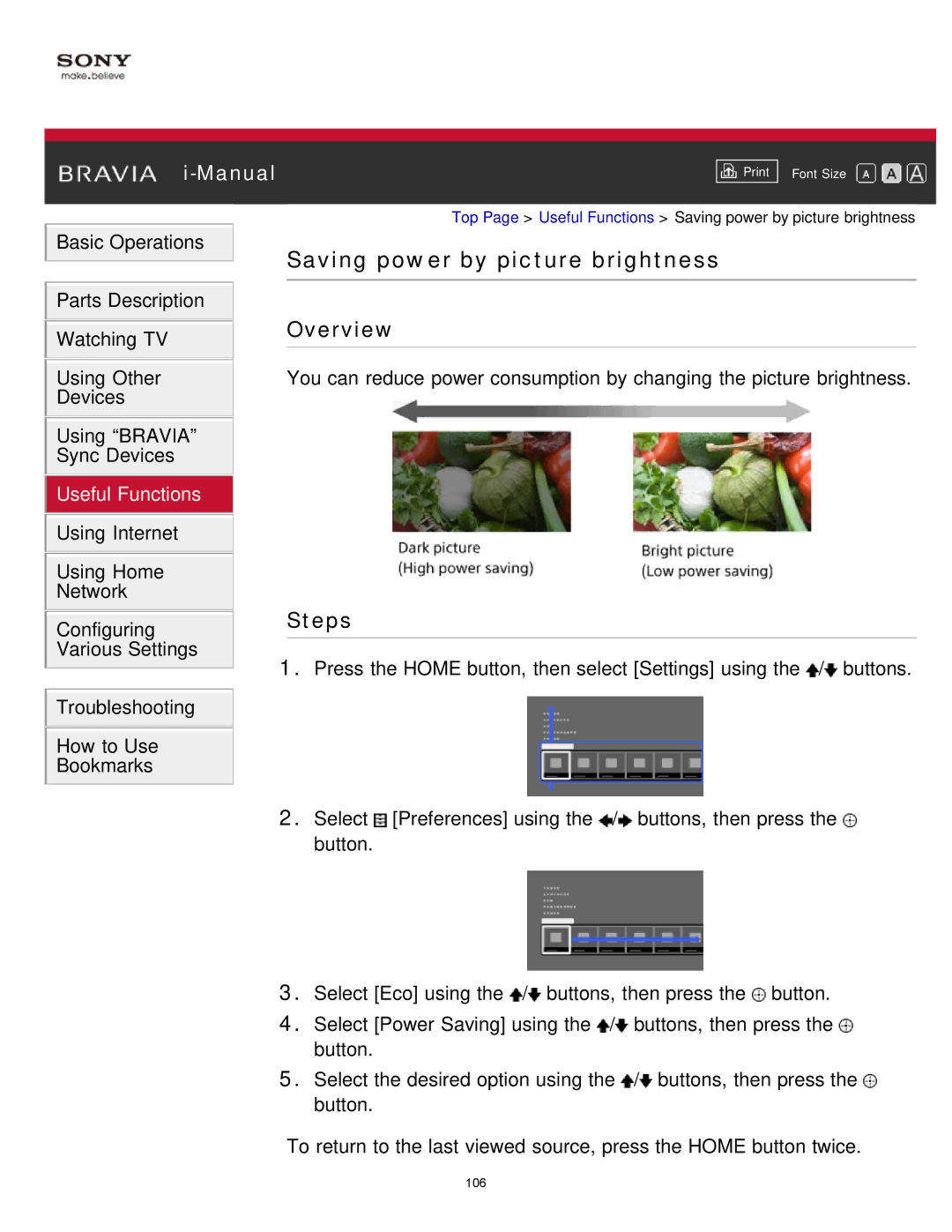 Sony KDL-65S990A manual Saving power by picture brightness 