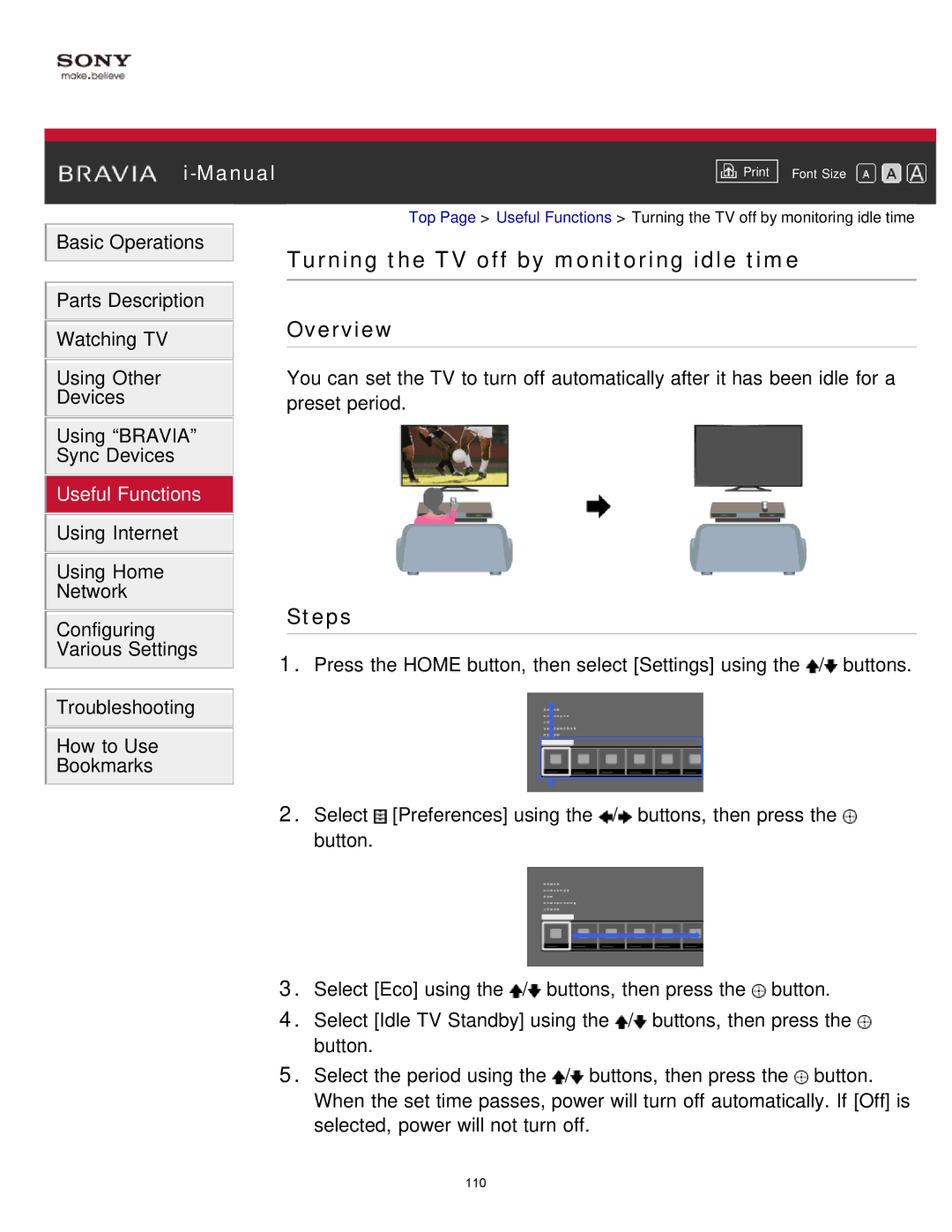 Sony KDL-65S990A manual Turning the TV off by monitoring idle time 