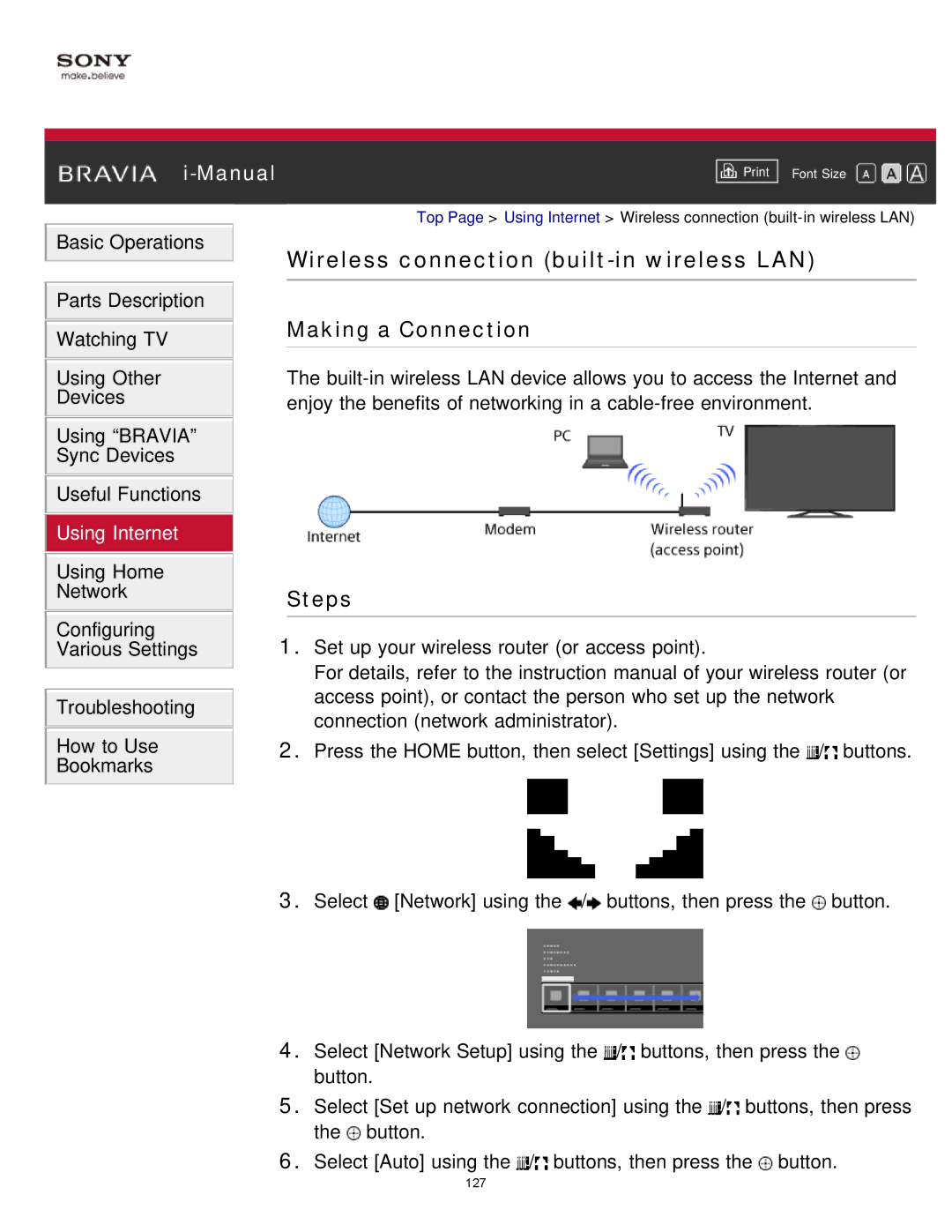 Sony KDL-65S990A manual Wireless connection built-in wireless LAN, Making a Connection 