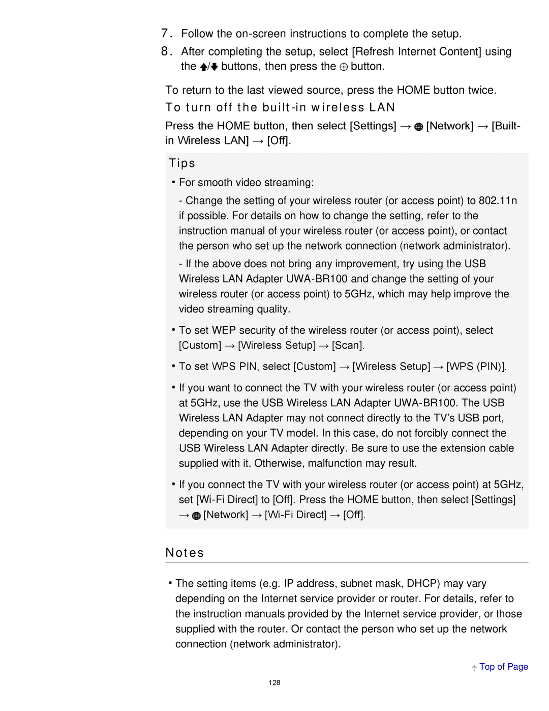 Sony KDL-65S990A manual To turn off the built-in wireless LAN, Tips 