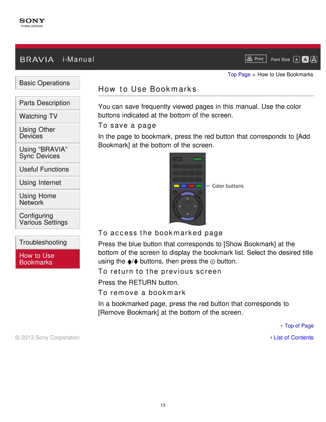 Sony KDL-65S990A manual How to Use Bookmarks, To save a, To access the bookmarked, To return to the previous screen 