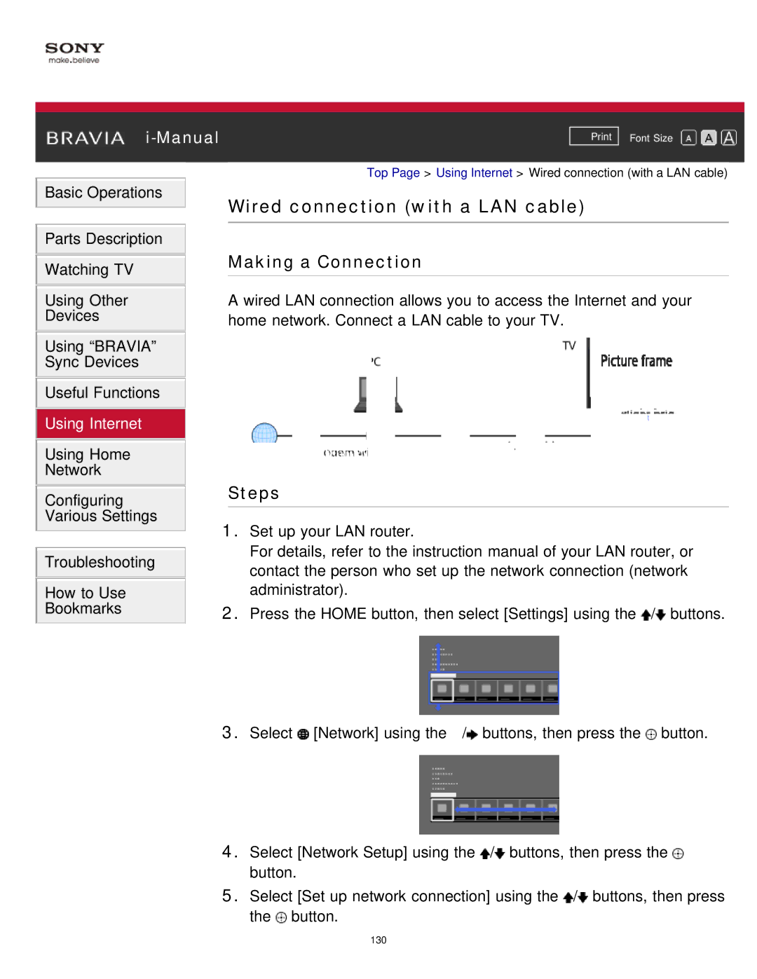 Sony KDL-65S990A manual Wired connection with a LAN cable, Making a Connection 