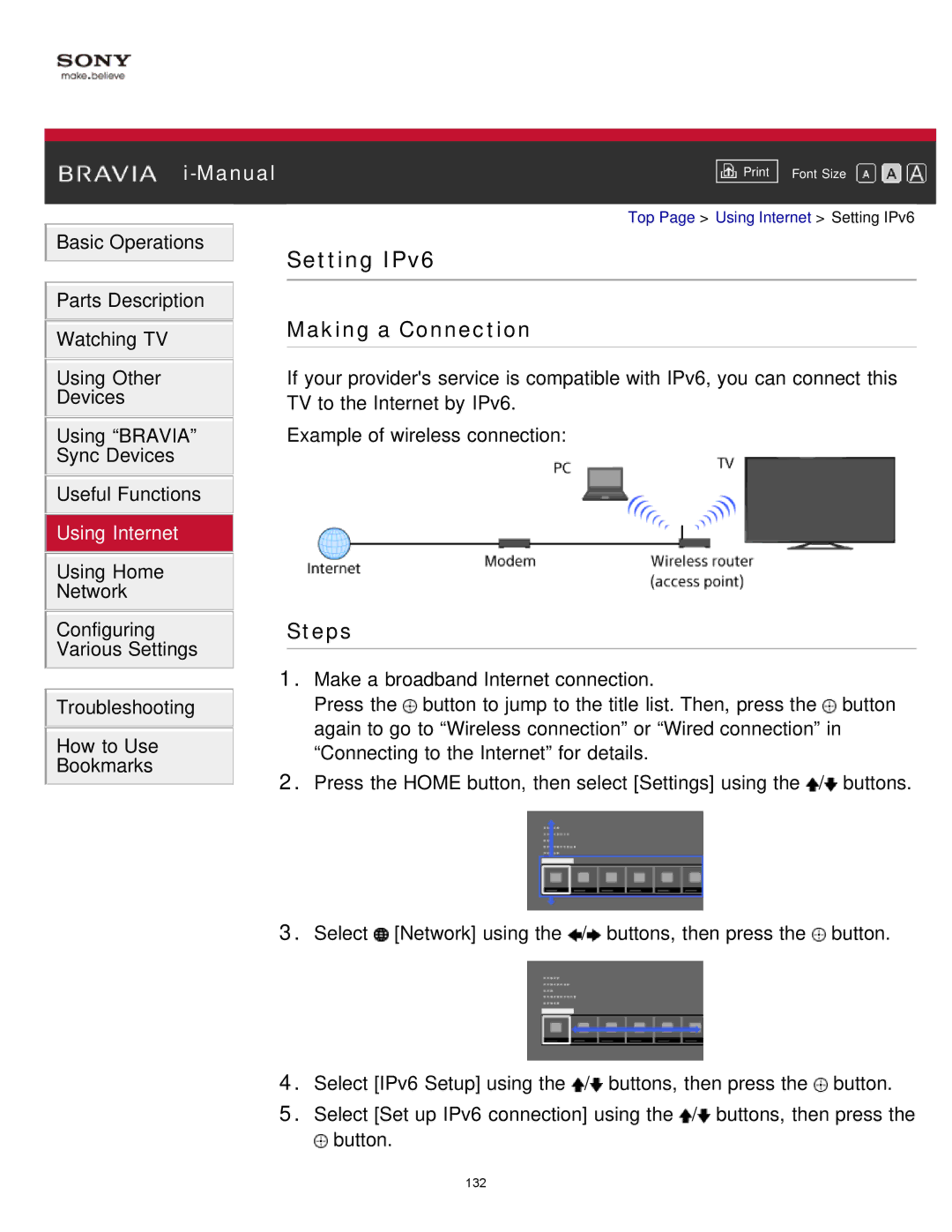 Sony KDL-65S990A manual Setting IPv6 