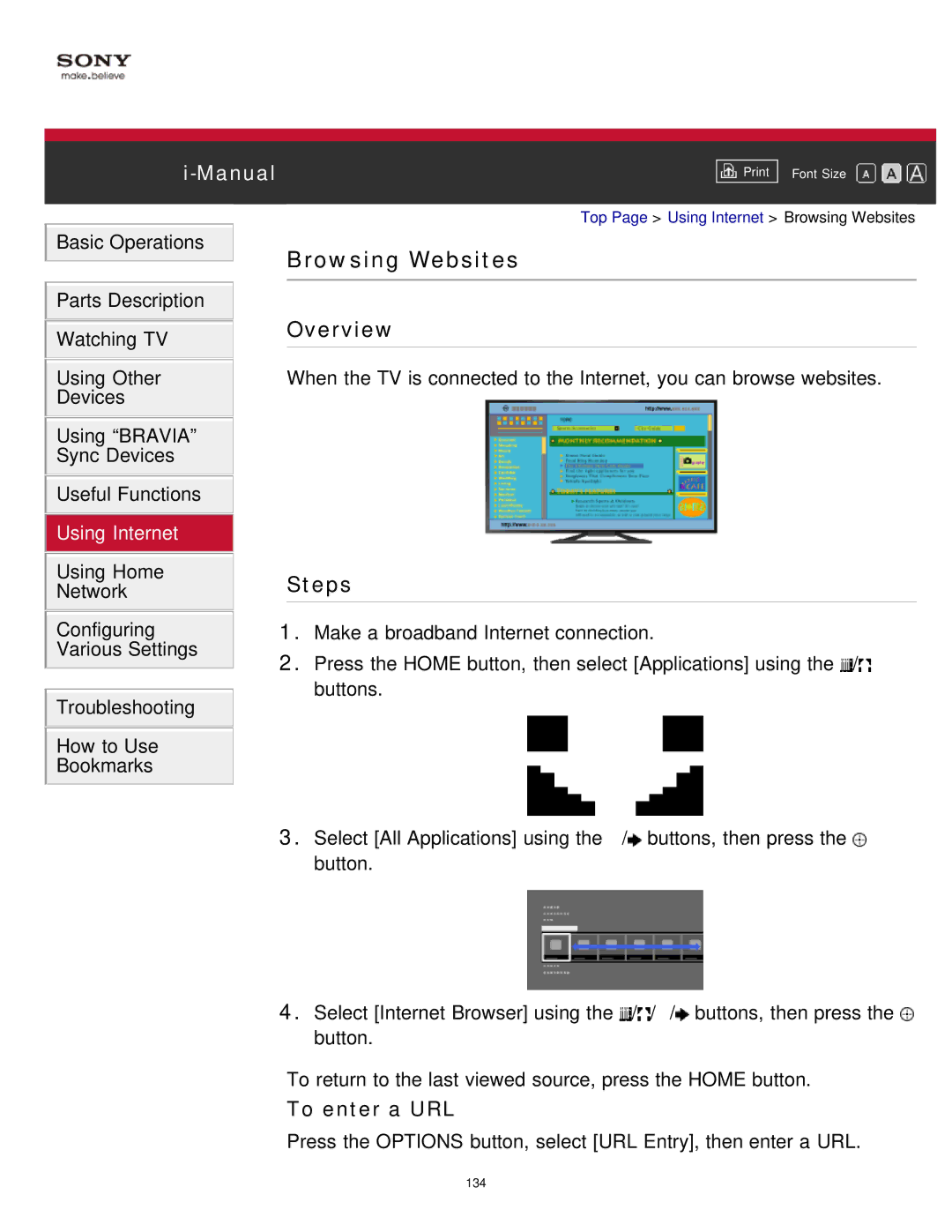 Sony KDL-65S990A manual Browsing Websites, To enter a URL 