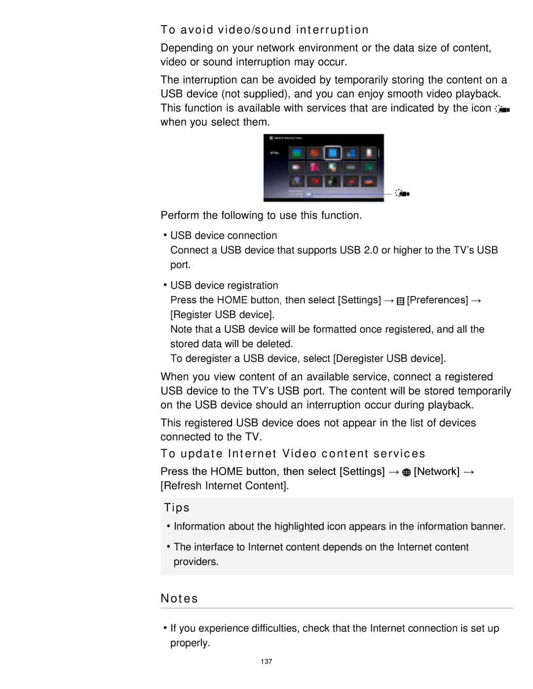 Sony KDL-65S990A manual To avoid video/sound interruption, To update Internet Video content services 