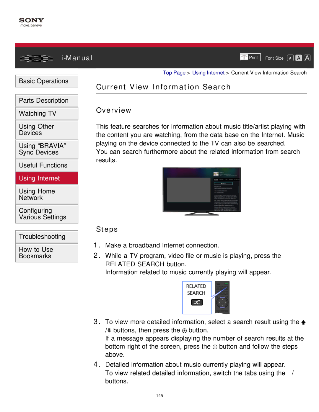 Sony KDL-65S990A manual Current View Information Search, Overview 