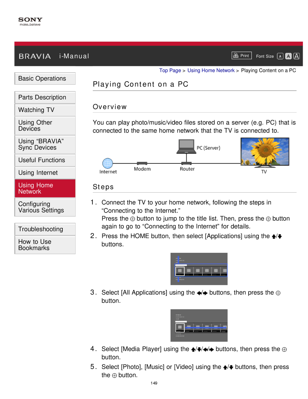 Sony KDL-65S990A manual Playing Content on a PC 