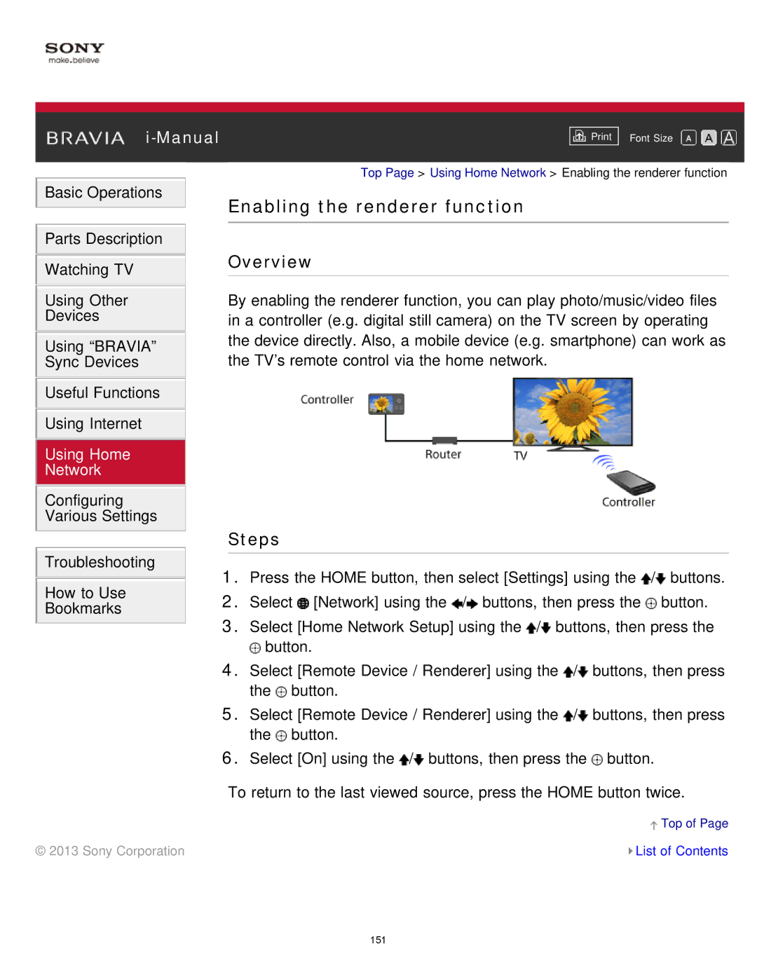 Sony KDL-65S990A manual Enabling the renderer function 