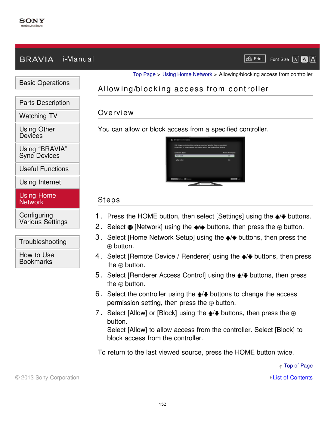 Sony KDL-65S990A manual Allowing/blocking access from controller 