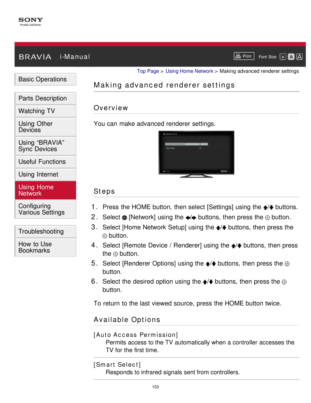 Sony KDL-65S990A manual Making advanced renderer settings, Auto Access Permission, Smart Select 