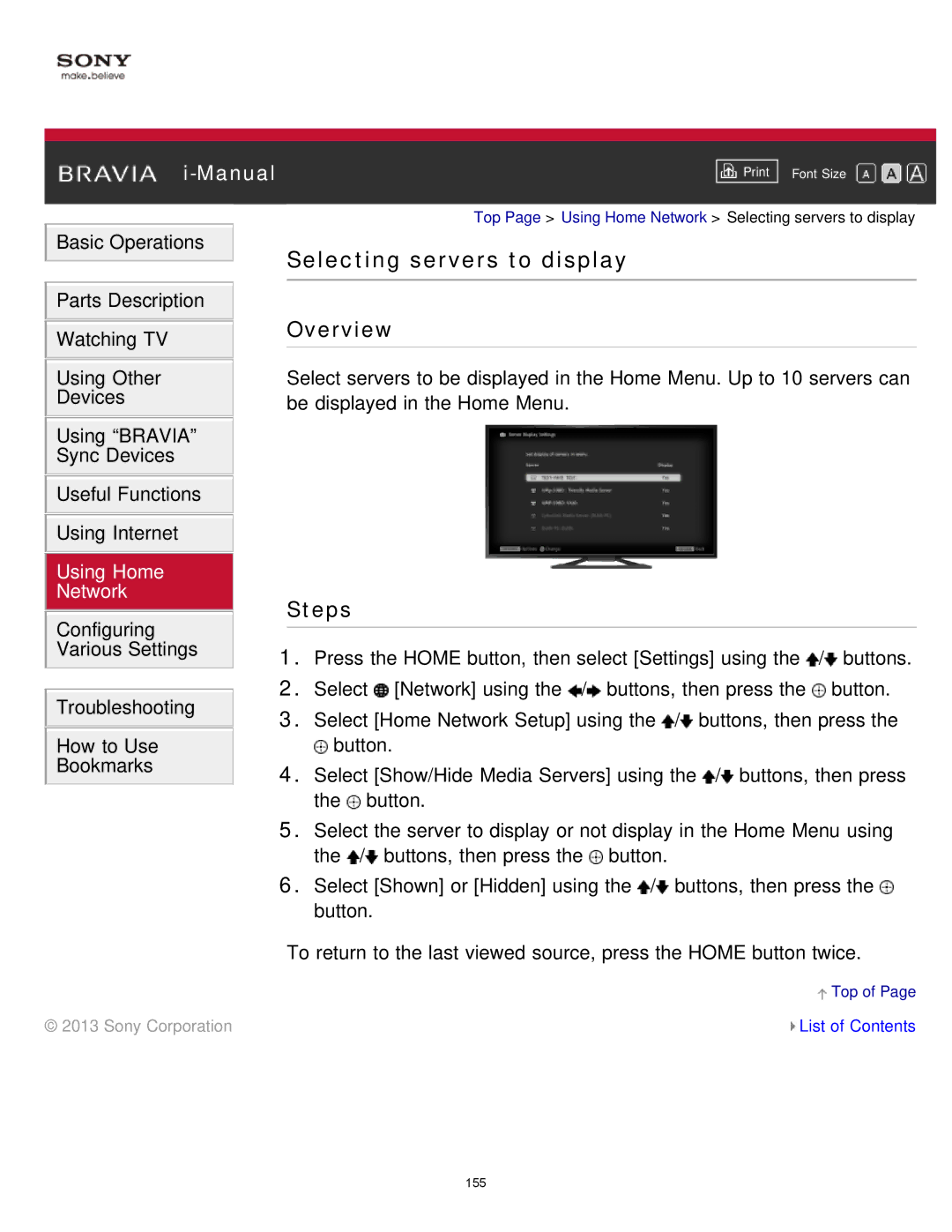 Sony KDL-65S990A manual Selecting servers to display 