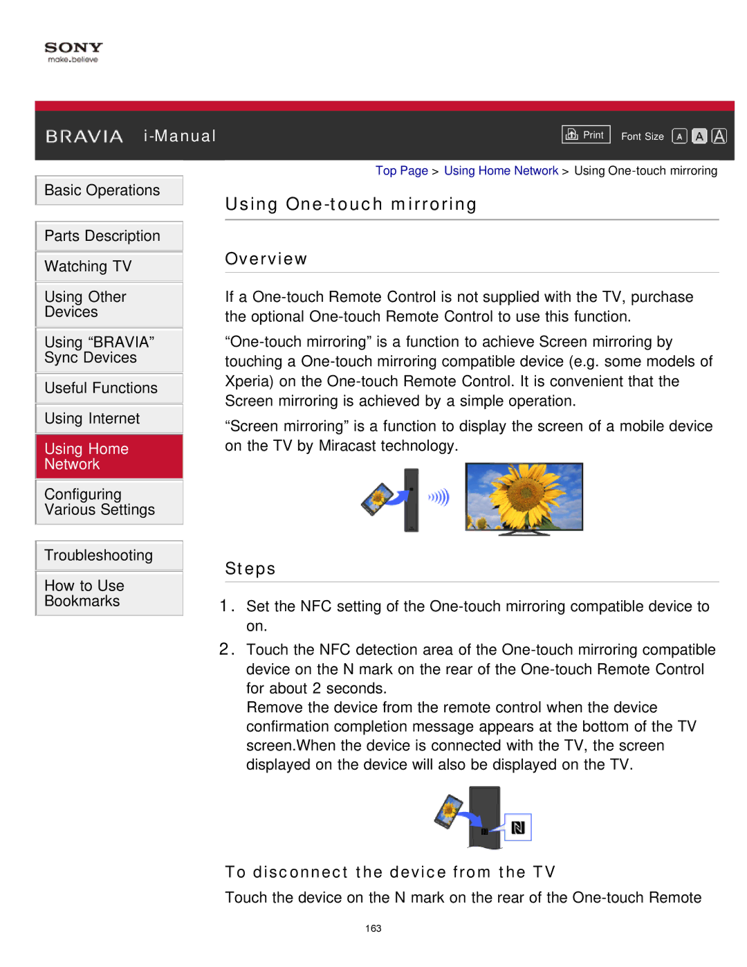 Sony KDL-65S990A manual Using One-touch mirroring, To disconnect the device from the TV 