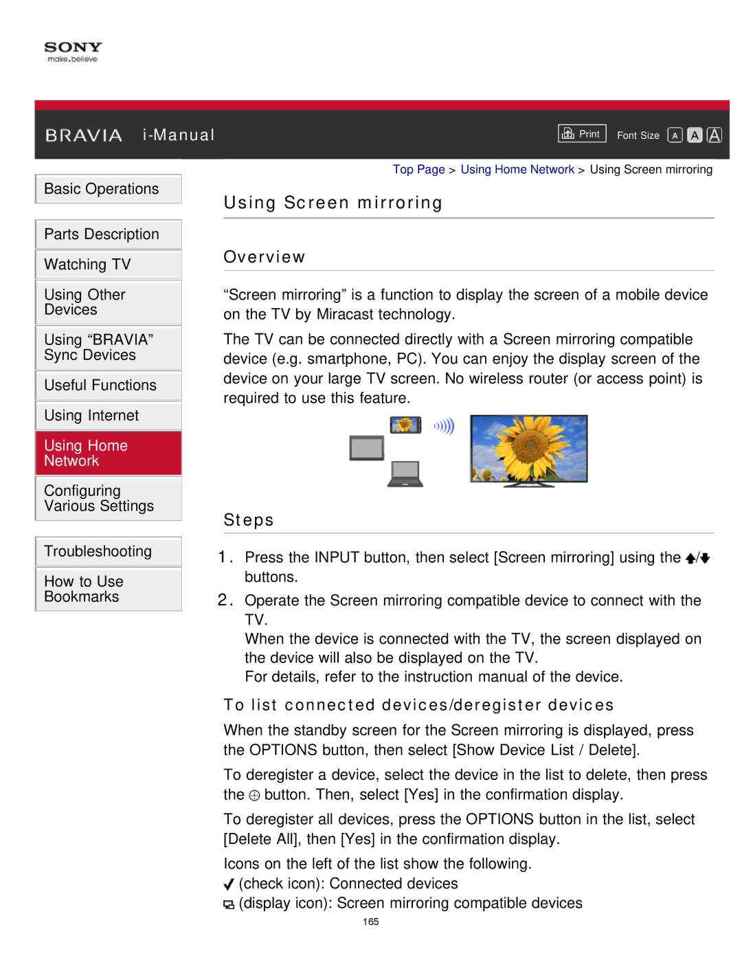 Sony KDL-65S990A manual Using Screen mirroring, To list connected devices/deregister devices 