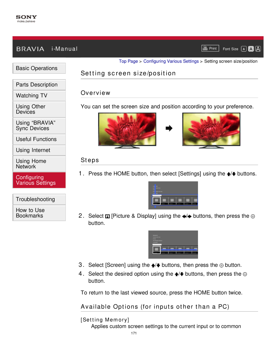 Sony KDL-65S990A manual Setting screen size/position, Available Options for inputs other than a PC 