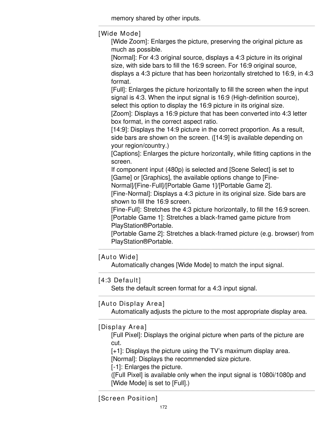 Sony KDL-65S990A manual Wide Mode, Auto Wide, Default, Auto Display Area, Screen Position 
