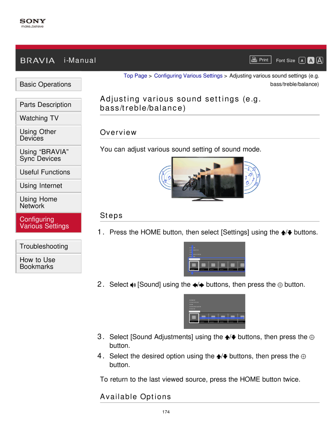 Sony KDL-65S990A manual Adjusting various sound settings e.g. bass/treble/balance, Overview 