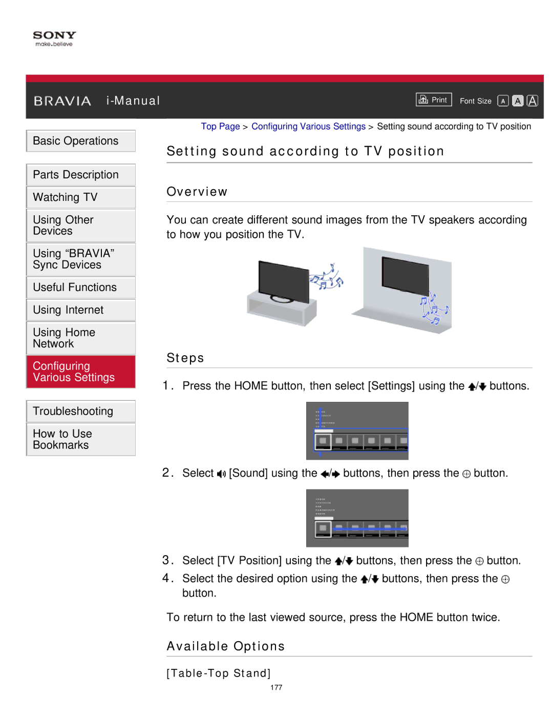 Sony KDL-65S990A manual Setting sound according to TV position, Table-Top Stand 