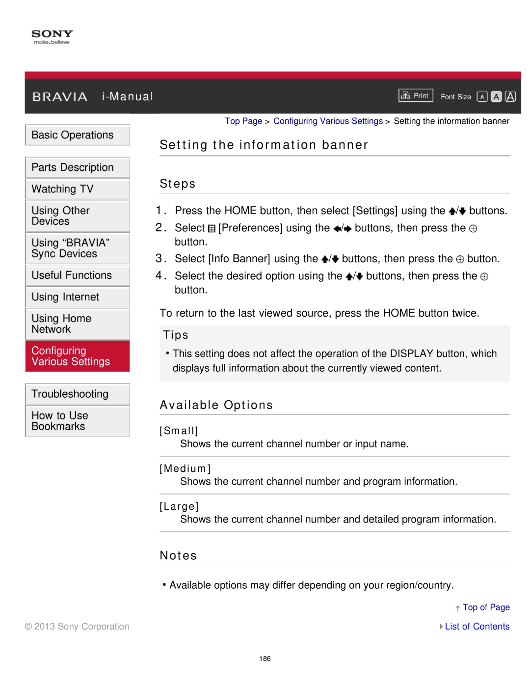 Sony KDL-65S990A manual Setting the information banner, Small, Medium, Large 