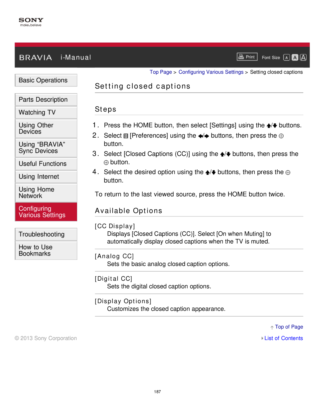 Sony KDL-65S990A manual Setting closed captions, CC Display, Analog CC, Digital CC, Display Options 