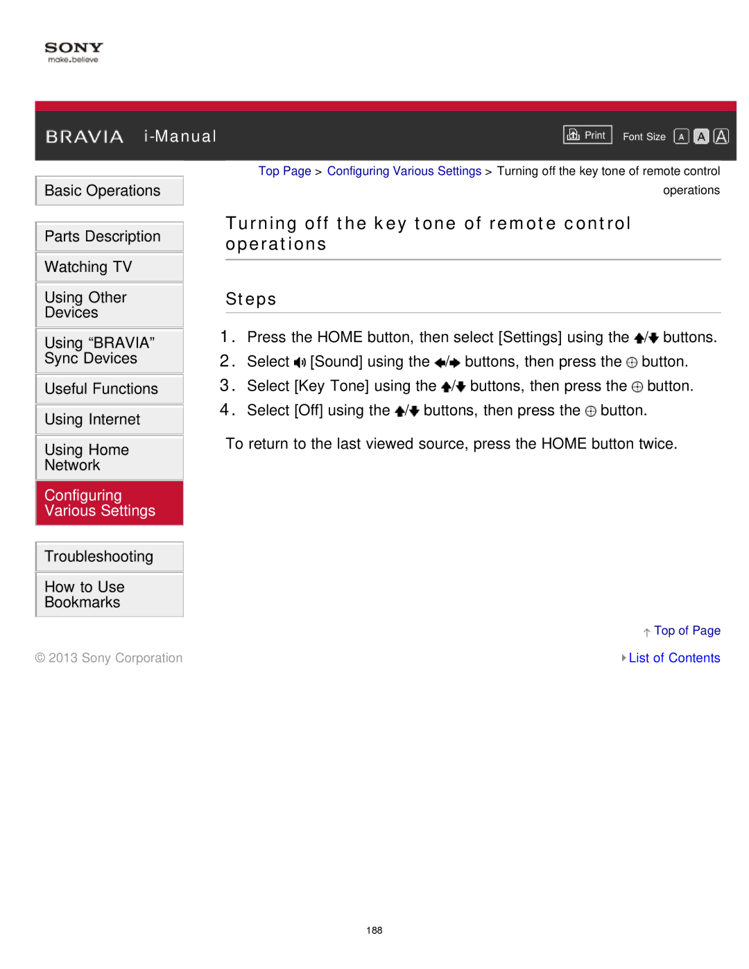 Sony KDL-65S990A manual Turning off the key tone of remote control operations 