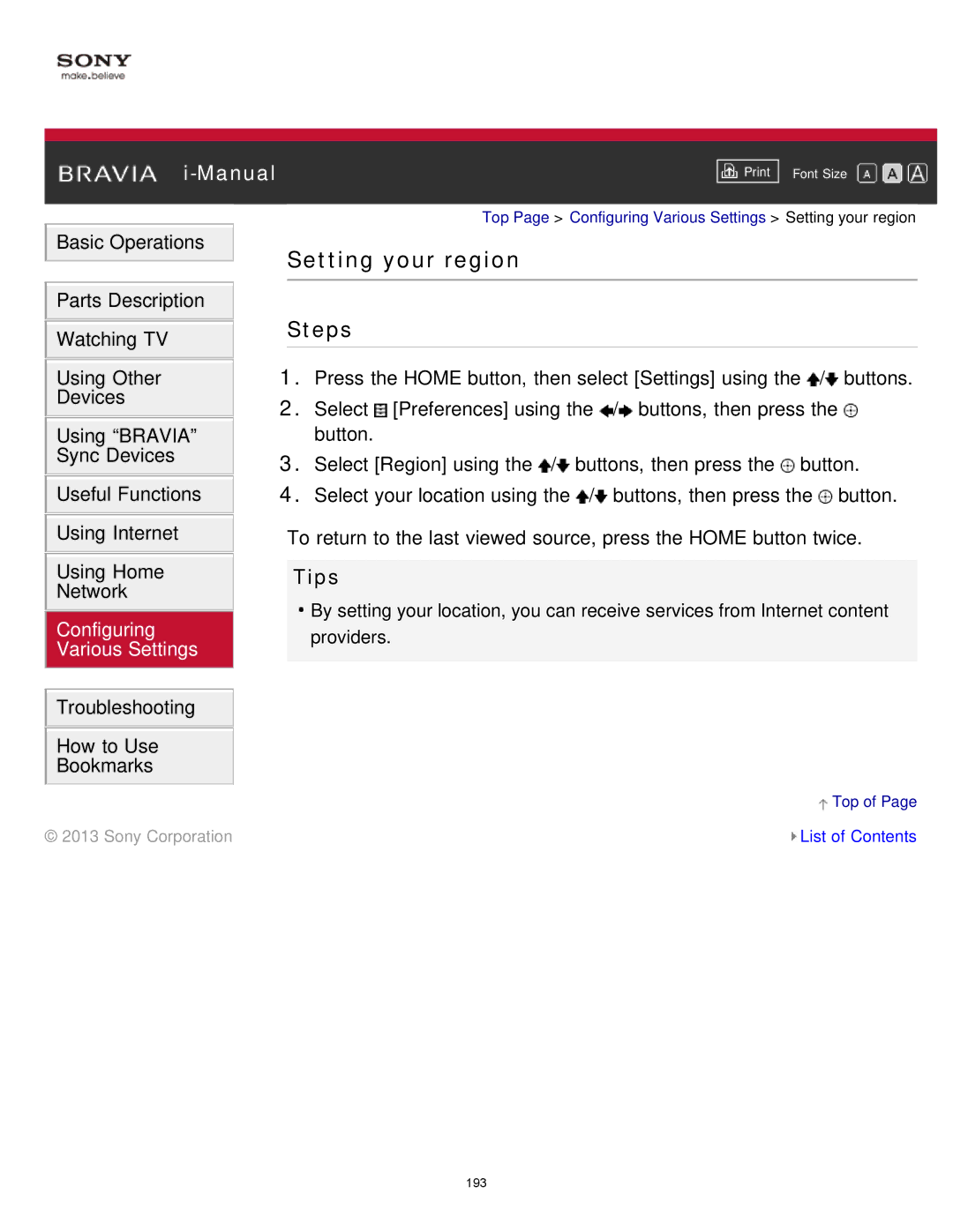 Sony KDL-65S990A manual Setting your region, Tips 