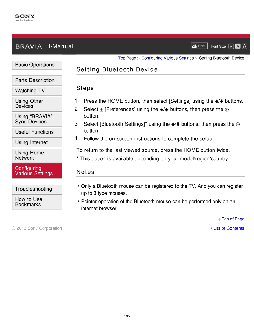 Sony KDL-65S990A manual Setting Bluetooth Device 