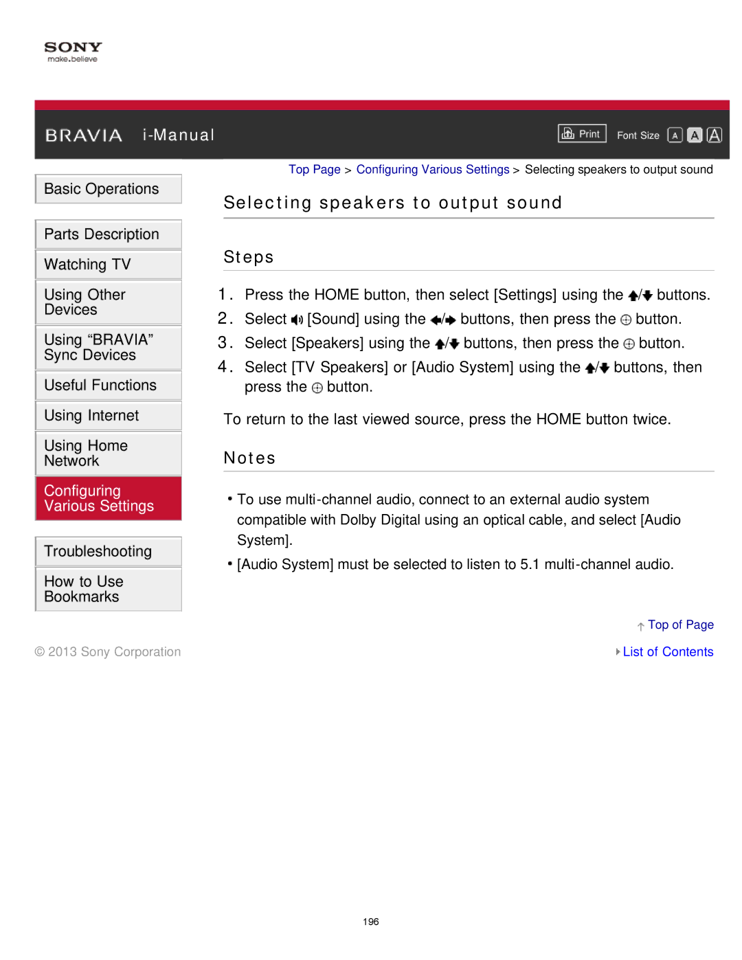 Sony KDL-65S990A manual Selecting speakers to output sound 