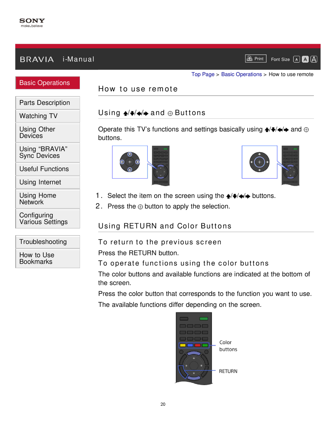 Sony KDL-65S990A manual How to use remote, Using / / / and Buttons, Using Return and Color Buttons 