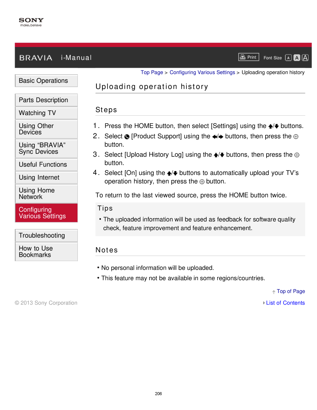 Sony KDL-65S990A manual Uploading operation history 