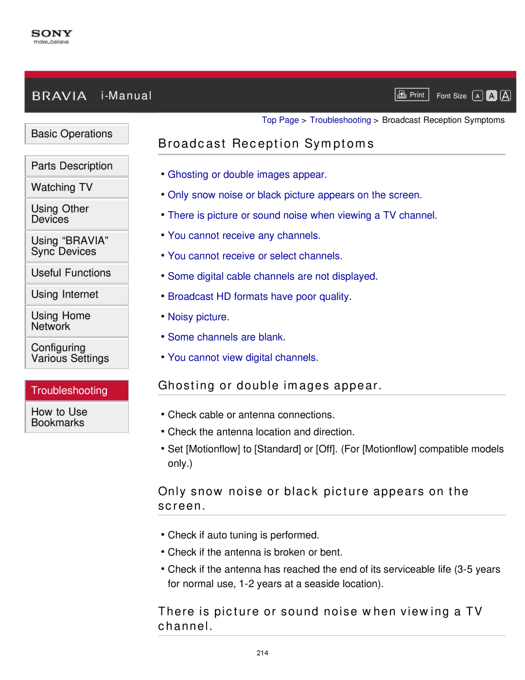 Sony KDL-65S990A manual Broadcast Reception Symptoms, Ghosting or double images appear 