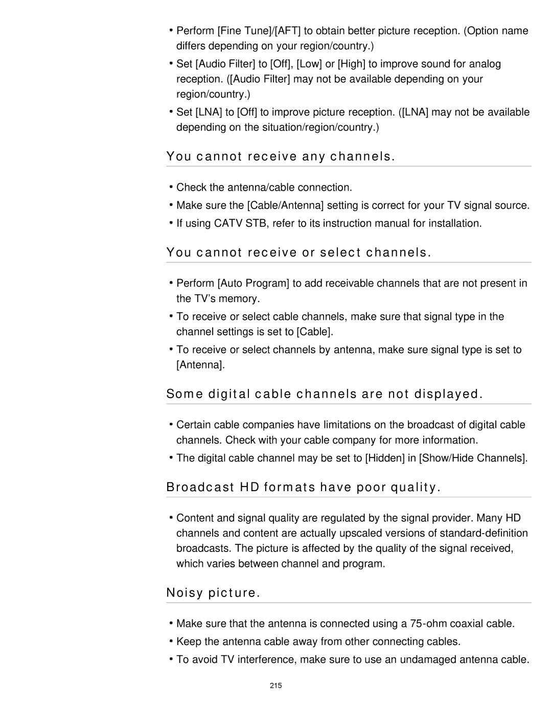 Sony KDL-65S990A manual You cannot receive any channels, You cannot receive or select channels, Noisy picture 