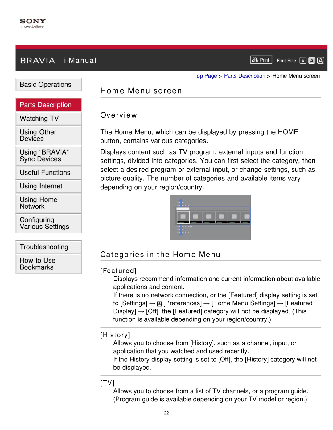 Sony KDL-65S990A manual Home Menu screen, Overview, Categories in the Home Menu, Featured, History 