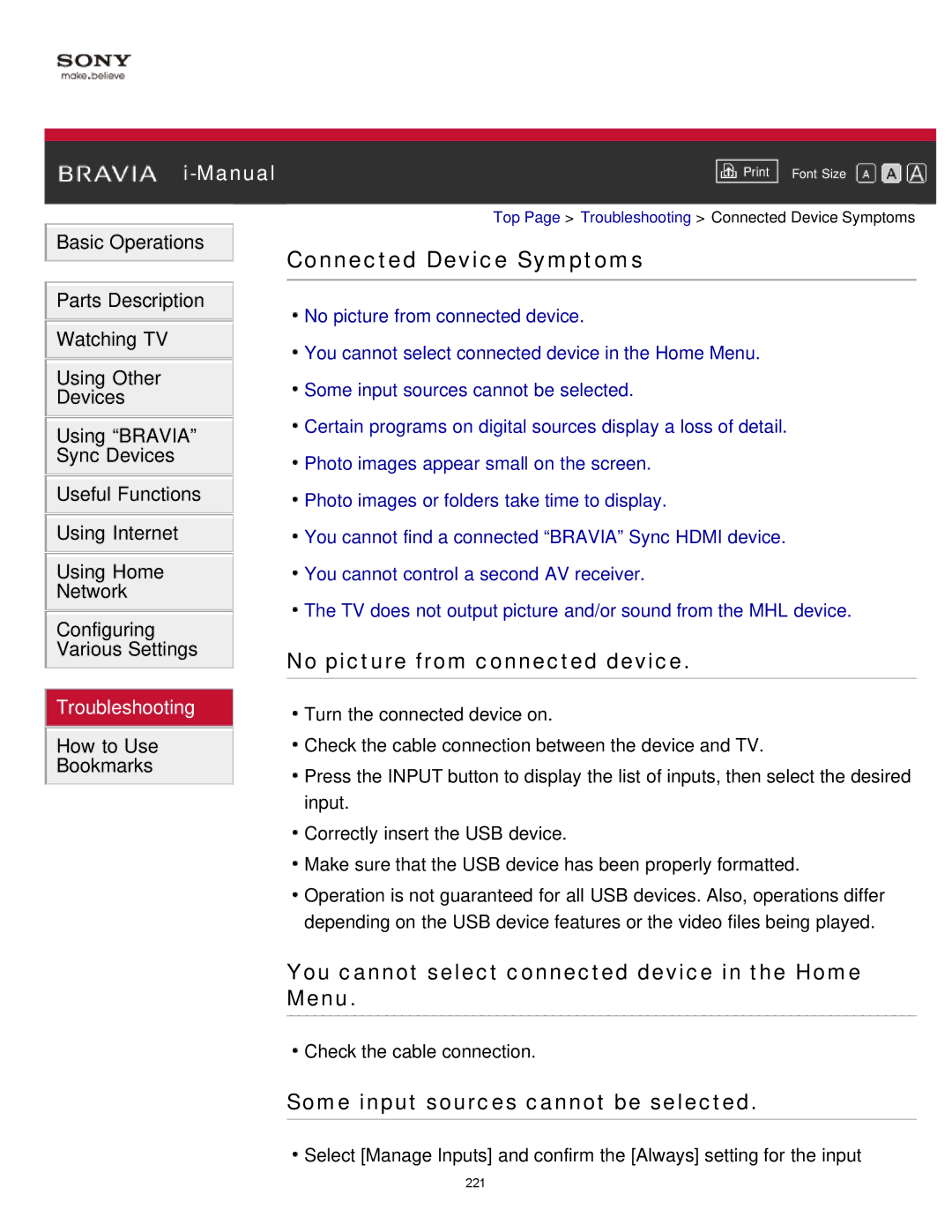 Sony KDL-65S990A manual Connected Device Symptoms, No picture from connected device, Some input sources cannot be selected 