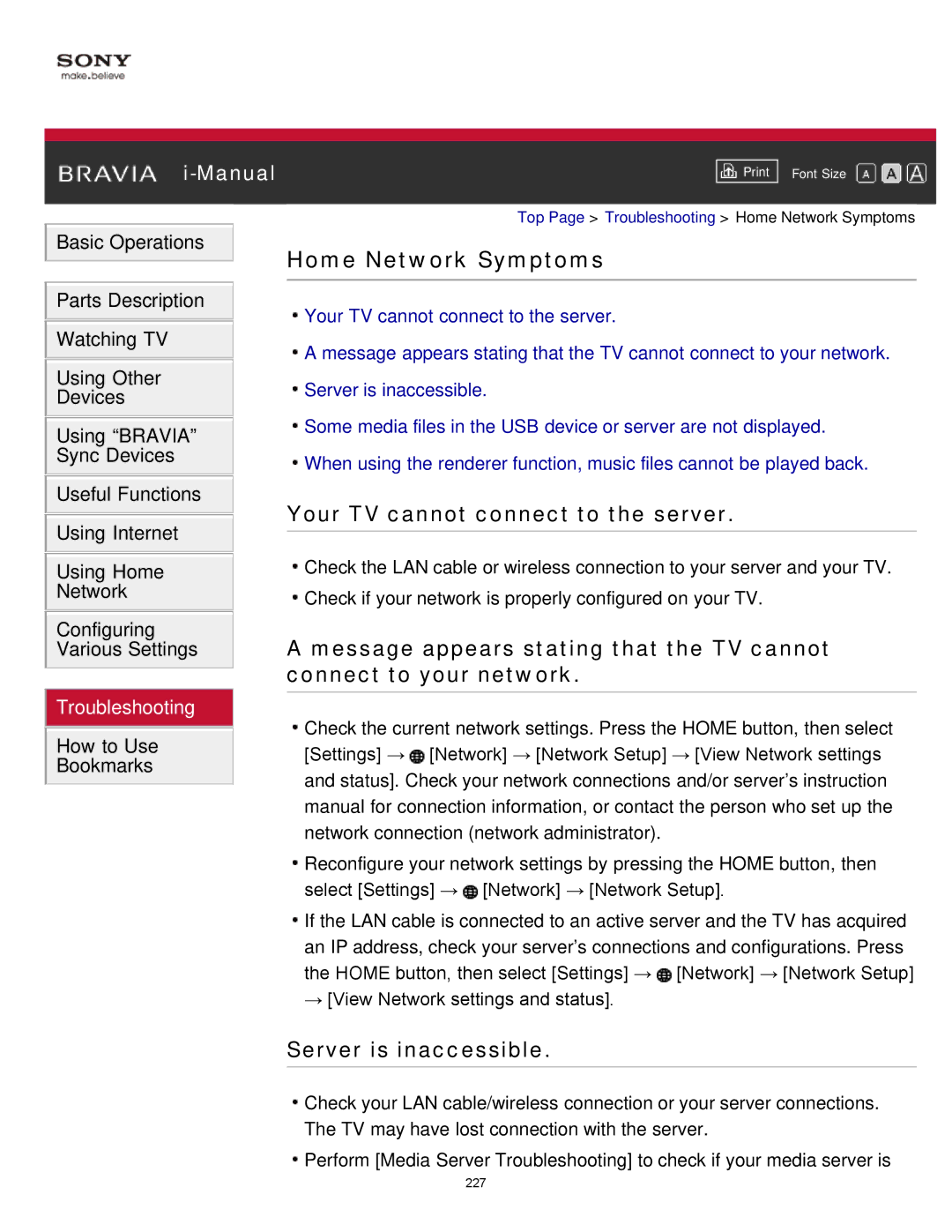 Sony KDL-65S990A manual Home Network Symptoms, Your TV cannot connect to the server, Server is inaccessible 