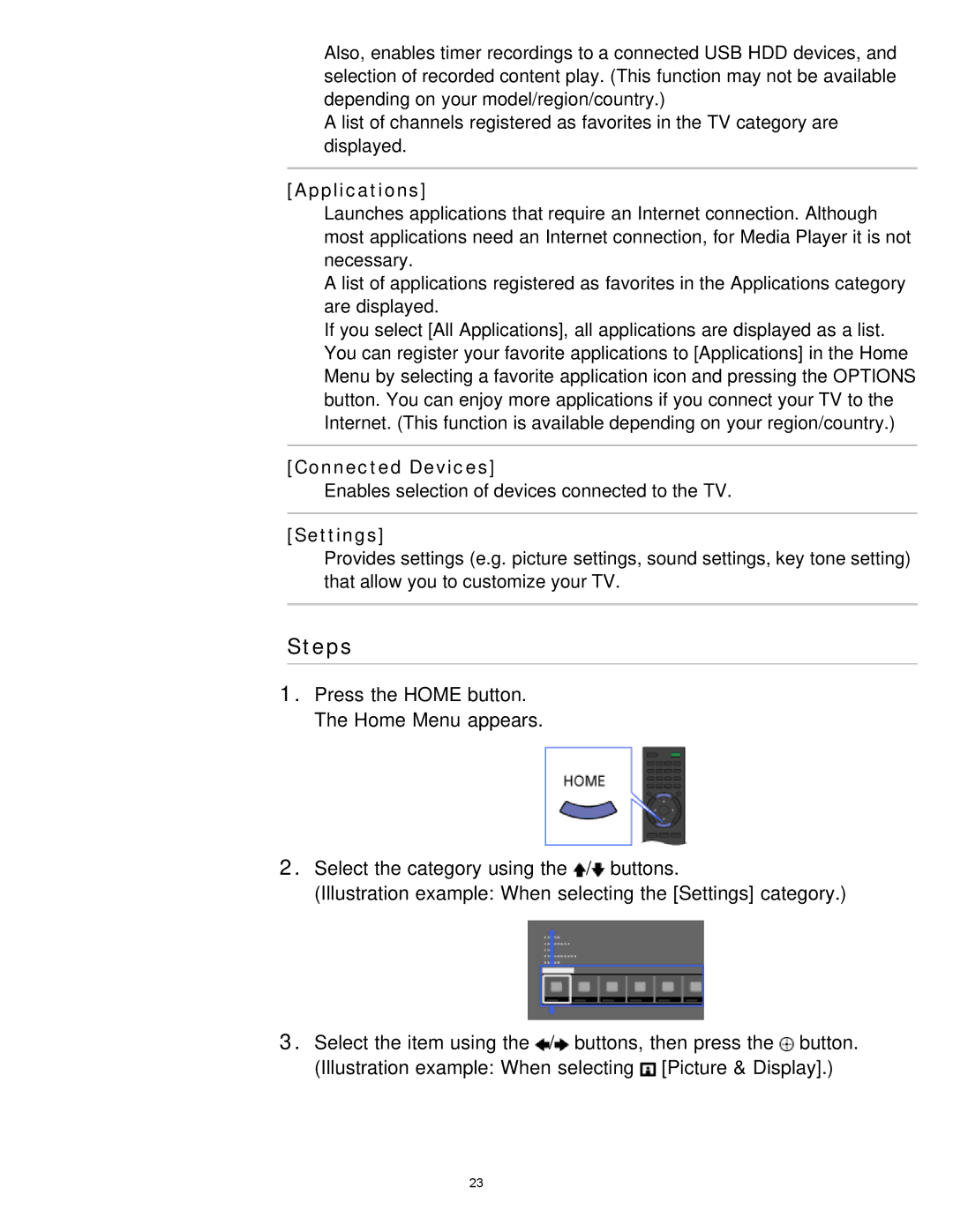 Sony KDL-65S990A manual Steps, Applications, Connected Devices, Settings 