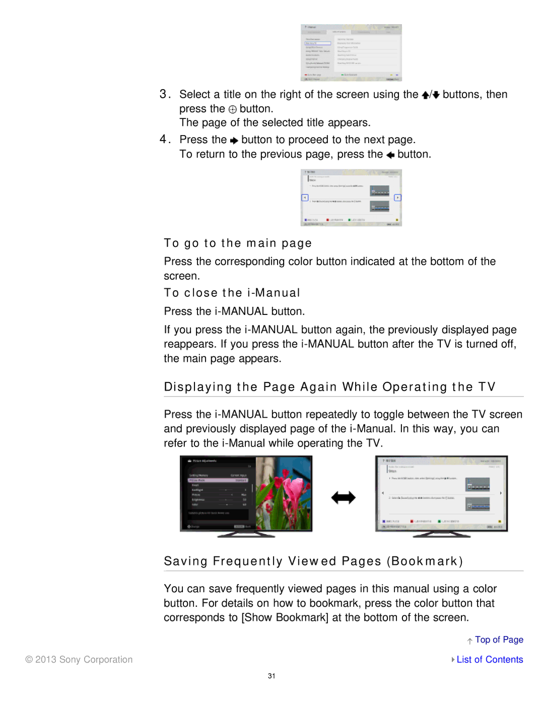 Sony KDL-65S990A manual Displaying the Page Again While Operating the TV, Saving Frequently Viewed Pages Bookmark 